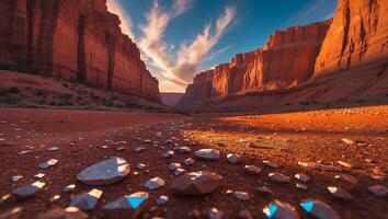 Exploring Canyon Landscape at Sunset with Rocks and Vibrant Sky photo