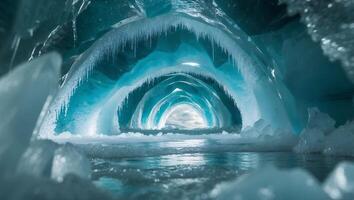 Exploring a Frozen Ice Cave with Icicles and Reflecting Water photo