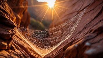 Spiderweb Shimmers Between Rocks During Sunrise in Natural Desert Landscape photo