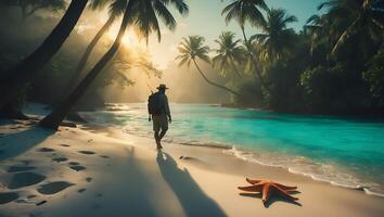 Person Walking on Tropical Beach with Palm Trees and Starfish photo