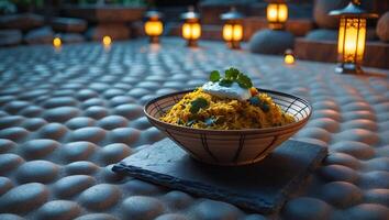 Bowl of Yellow Rice with Cream and Cilantro in Relaxing Setting photo