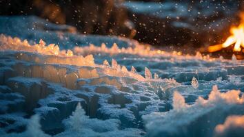 Icy Landscape Shimmers in Evening Light with Snowfall and Fire photo