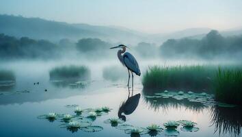 Heron Standing in Misty Lake Reflecting in the Water with Lilypads photo