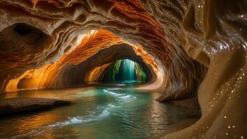 Exploring Glistening Cave with Flowing Water and Light Waterfall Feature photo