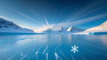Frozen Lake Landscape with Mountains and a Snowflake in Winter photo