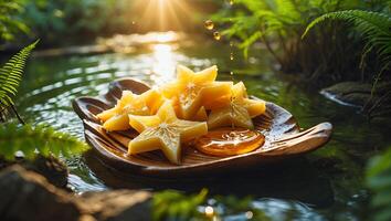 Starfruit Slices with Honey Drizzle on Wooden Plate in Nature photo