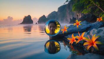 Woman Reflected in Mirror by Ocean Rocks with Orange Flowers photo