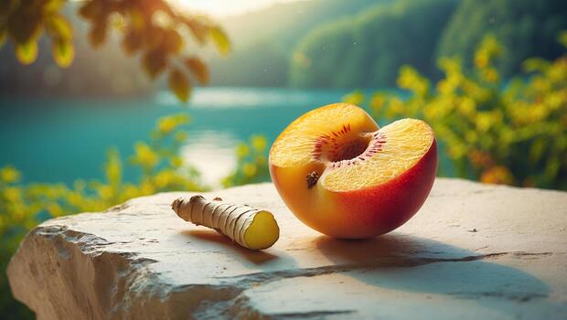 Halved Peach and Ginger on Stone Slab with Lake Background photo