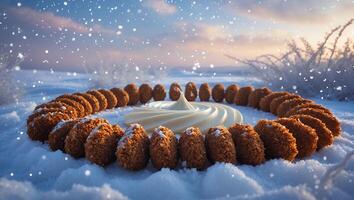 Arrangement of Pastries and Cream on Snow Covered Ground at Dusk photo
