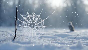 Frozen Spiderweb in Snowy Field with Gentle Sunlight and Bird photo