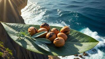 Nuts and Herb Arrangement on Green Leaf with Ocean View photo