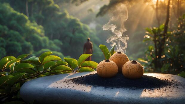 Incense Burning on Stone Slab in Tropical Forest Setting photo