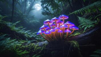 Glowing Mushrooms on Log in Forest with Ferns and Moonlight photo