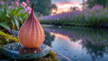 Dew Covered Pod Reflecting Sunset on Water with Purple Flowers photo
