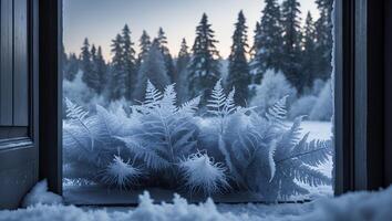 Fern Fronds Covered in Winter Frost Seen Through an Open Window photo