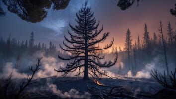 Standing Tree Silhouette Against Forest Fire Haze at Twilight photo