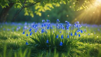 Bluebell Flowers Blooming in Spring Meadow with Sunlight Filtering Through photo