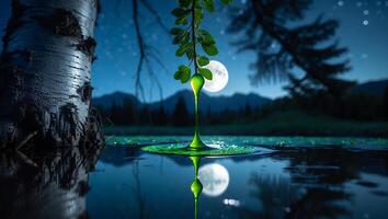 Water Drop From Branch Reflecting Moon in Tranquil Lake Scene photo