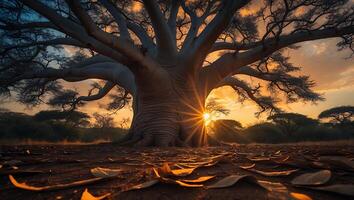 Grand Tree Silhouetted by Golden Sunset Light with Leaves Below photo