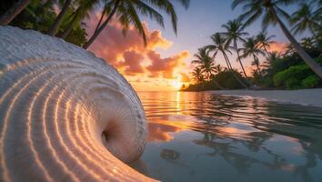 Seashell on Tropical Beach Reflecting Sunset Sky and Palm Trees photo