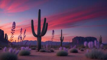 Cactus Landscape at Sunset with Colorful Sky and Desert Flowers photo