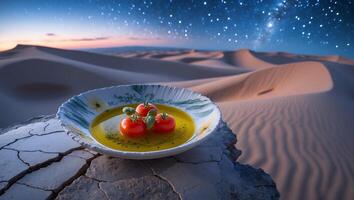 Tomatoes in Olive Oil on Cracked Ground with Desert Backdrop photo