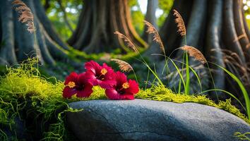 Red Hibiscus Flowers on Stone in Forest Setting for Nature photo