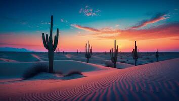Cactus Plants in Desert at Sunset with Colorful Sky and Sand photo