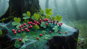 Red Berries and Green Leaves on a Mossy Tree Stump photo