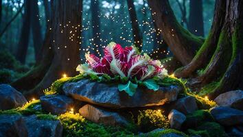 Radicchio on Rocks with Moss in Forest with Fairy Lights photo