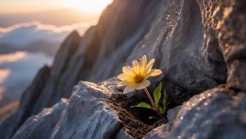 Flower Growing on Rocky Mountain Top with a Sunset Landscape photo