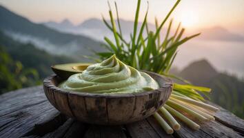 Avocado Dip and Lemon Grass on Rustic Table with Mountain View photo