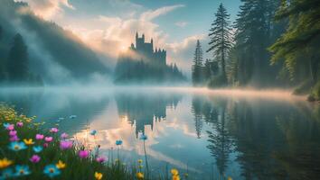 Still Lake Reflecting Castle Silhouette with Sunrise and Colorful Wildflowers photo