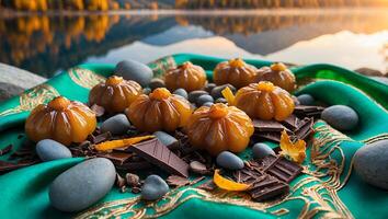 Arrangement of Candied Fruits and Chocolate Pieces with Lake View photo