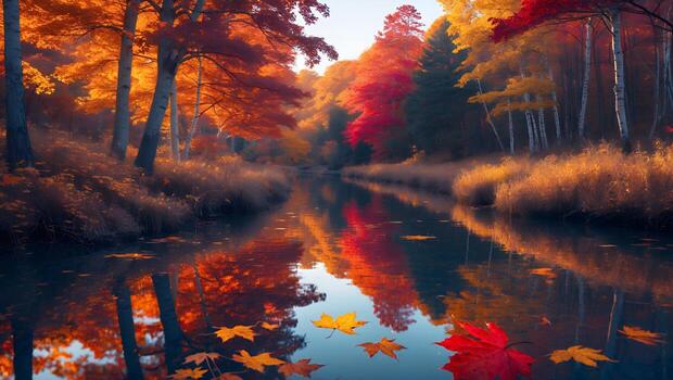 Reflecting Autumn Forest with Colorful Leaves Floating on Calm River photo