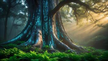 Enchanted Forest Giant Tree with Glowing Markings and Sun Rays photo