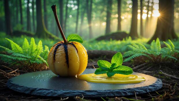Grilled Melon Slice with Mint Sauce in Forest Setting photo