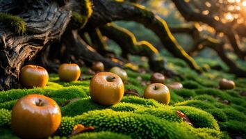 Golden Apples Scattered on Moss Beneath Ancient Tree Roots at Sunrise photo