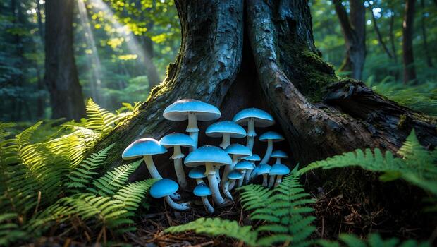 Cluster of Blue Mushrooms Growing at Base of Forest Tree photo