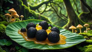Serving Black Truffles with Sauce on Leaf in Lush Forest photo