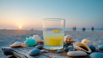 Refreshing Drink at Sunset Beach with Seashells and Smooth Stones photo