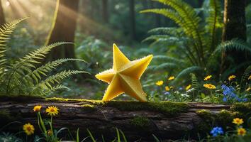 Yellow Star Object on Mossy Log in Forest Sunlight photo