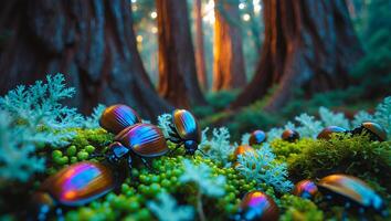 Iridescent Beetles Gathering on Forest Floor with Sunlight Behind Trees photo