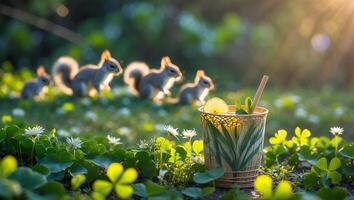 Squirrels Near Refreshing Drink with Lemon Slice in a Natural Setting photo