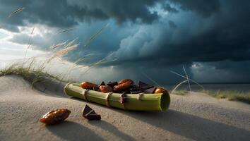 Dates and Chocolate on Bamboo Tube Laying on Sandy Beach photo