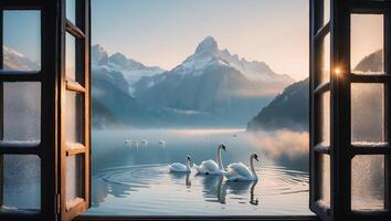 Swans Swimming on Lake Viewed From Open Window in Winter photo