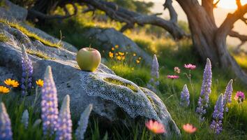 Apple on a Rock with Wildflowers and Sunlight Landscape photo