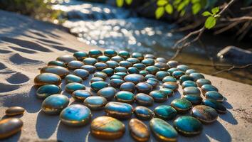 Arranging Stones Circle by River Adds Tranquility to Landscape Photography photo