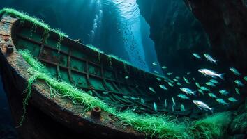 Sunken Wreckage Reveals Underwater Ecosystem with Fish and Aquatic Plants photo