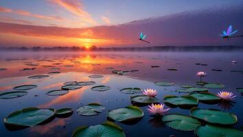 Lily Pads Floating in Lake at Colorful Sunrise with Dragonflies photo